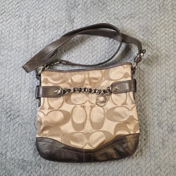 Coach Signature C Canvas Leather Trim Crossbody Shoulder Bag Brown Chain - Picture 1 of 12